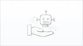 Boceto de una mano abierta sosteniendo un pequeño robot