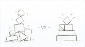 Boceto de dos pilas de formas: una inestable frente a otra ordenada y estable